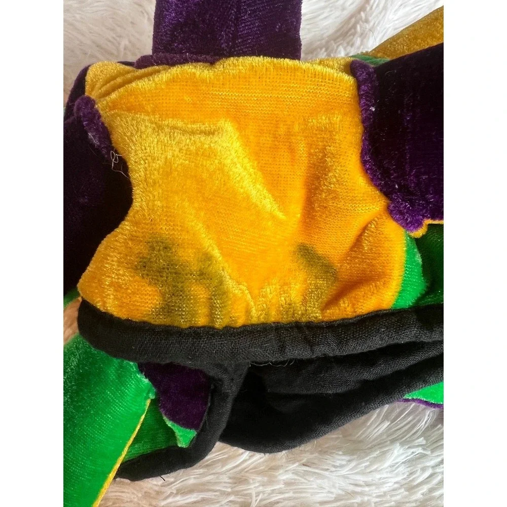 Mardi Gras Jester Hat OS Purple Green Gold Velvet Plush Bells Costume Joker READ